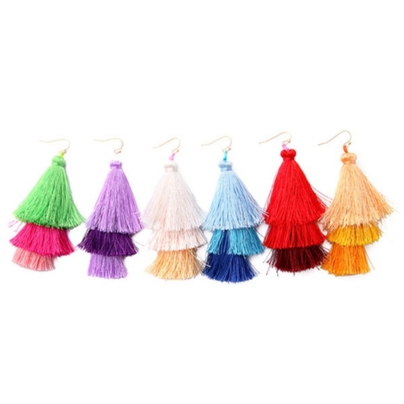 Green and Pink Tassel Dangle Drop Earrings - Picture 6 of 7